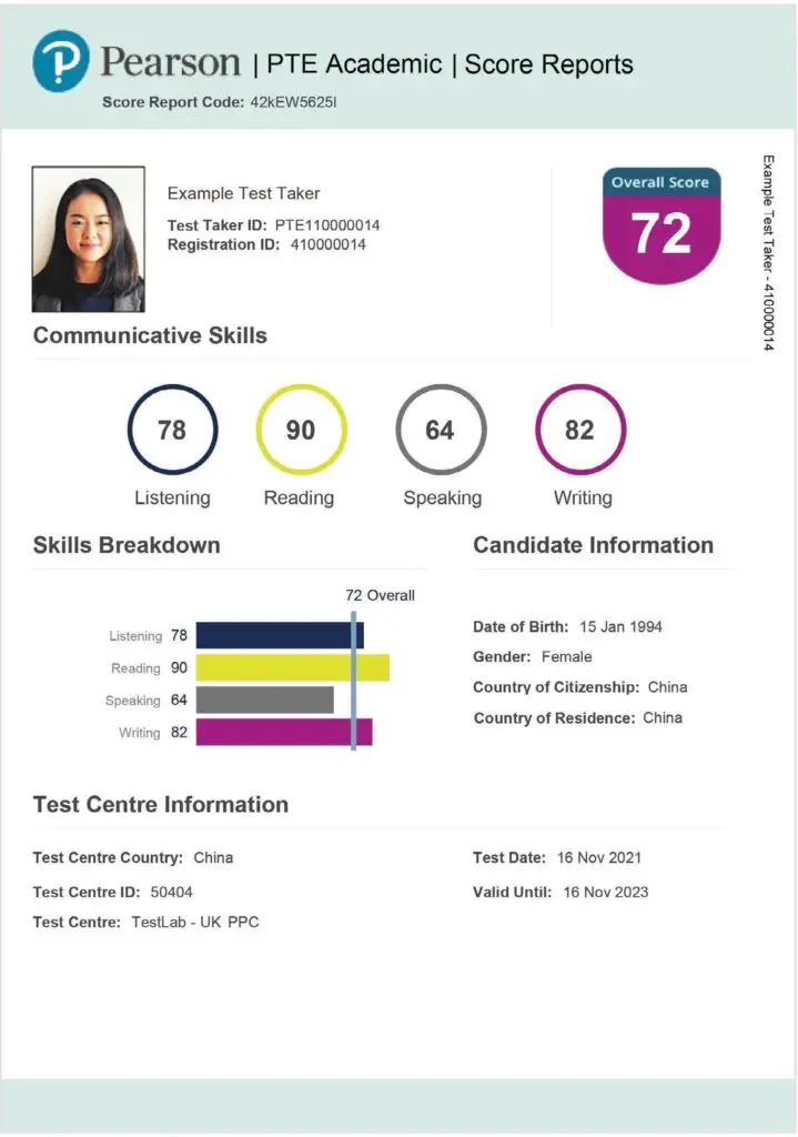 pte sample report card