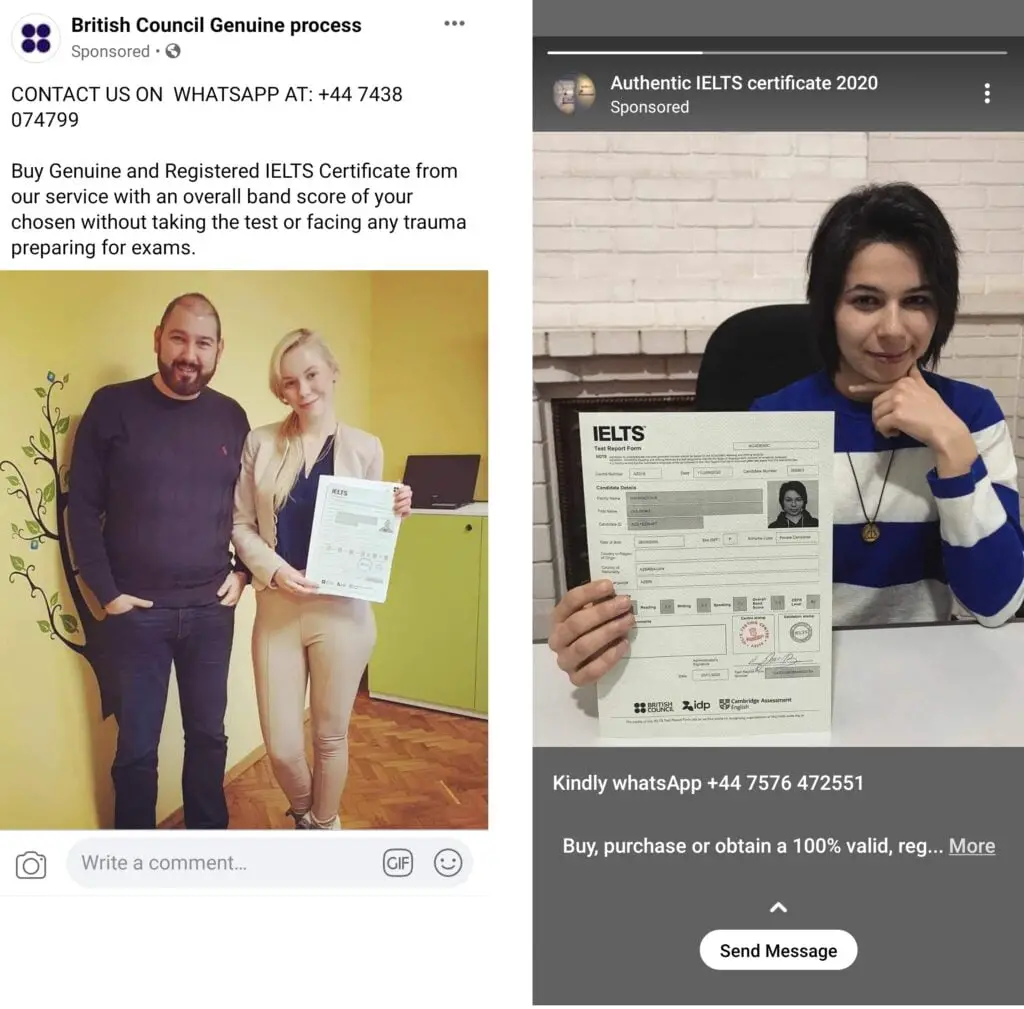 Facebook ads used by IELTS scammers.