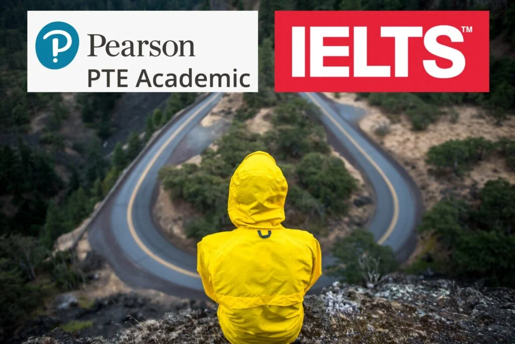 A person with yellow jacket sitting at a crossroads between PTE and IELTS.