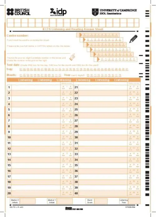 ielts listening answer sheet