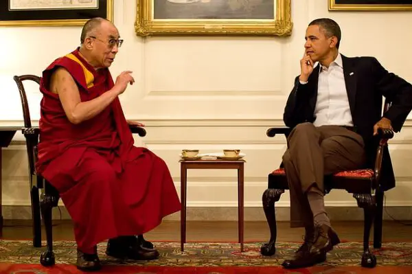 dalai lama (left) talking with barack obama (right)