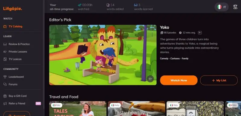 lingopie tv catalog screenshot