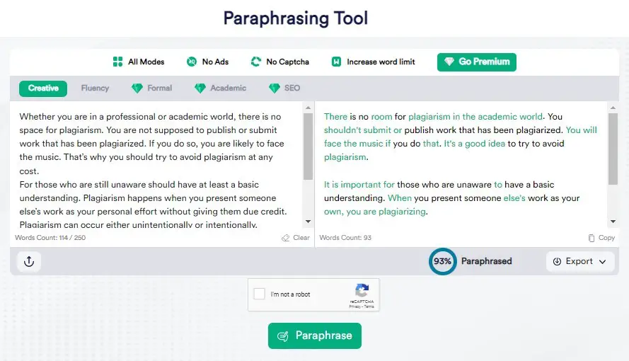 paraphrasetool.ai screenshot