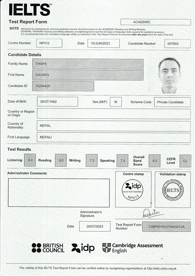 Gaurav Thapa's IELTS Score Card